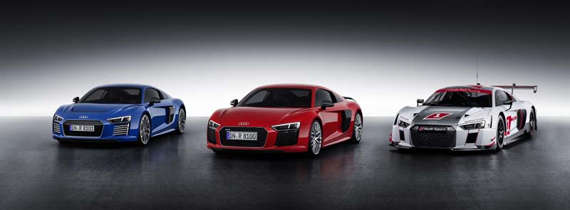 AUDI R8 V10, R8 V10 plus, R8 electric e-tron and motorsport R8 LMS 2015 